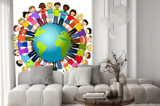 Naklejka: Ilustracja dzieci i globu