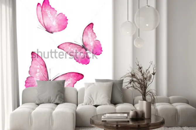 Naklejka: Ilustracja z różowymi motylami na białym tle