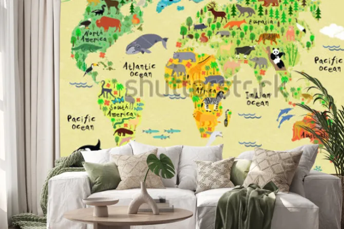 Naklejka: Ilustracyjna mapa świata ze zwierzętami dla dzieci