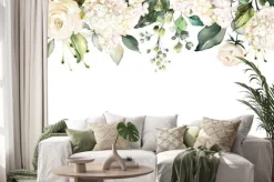 Naklejka: Jasne kwiaty i zielone liście na białym tle