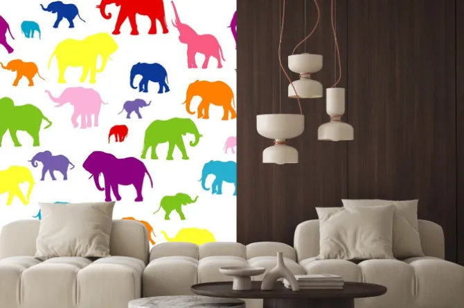 Naklejka: Jednolite tło z kolorowych słoni sylwetki
