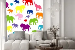 Naklejka: Jednolite tło z kolorowych słoni sylwetki