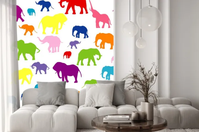 Naklejka: Jednolite tło z kolorowych słoni sylwetki
