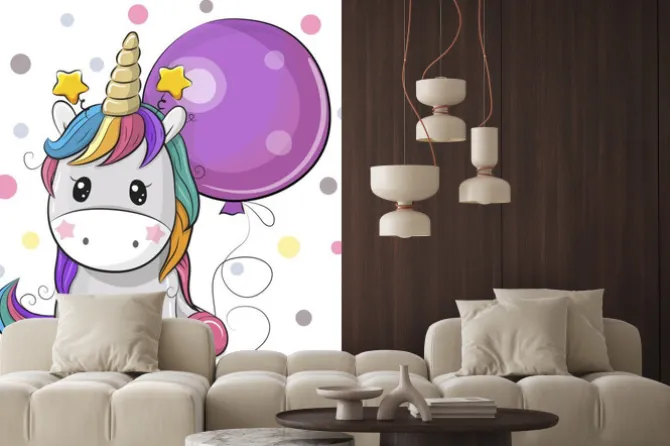 Naklejka: Jednorożec kreskówka z balonem