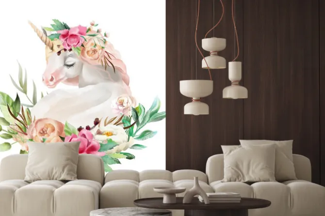 Naklejka: Jednorożec w kompozycji kwiatowej dla dzieci