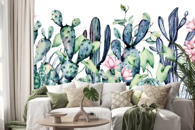 Naklejka: Kaktusy i sukulenty z różowymi kwiatami