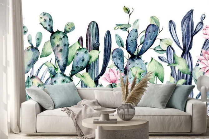 Naklejka: Kaktusy i sukulenty z różowymi kwiatami