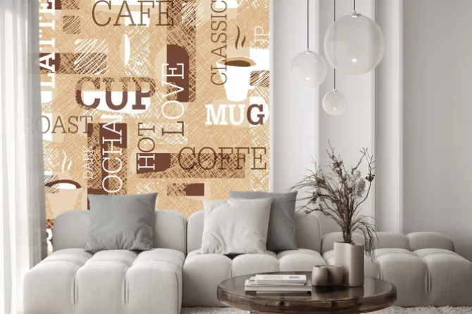 Naklejka: Kawowy wzór z napisami i filiżankami