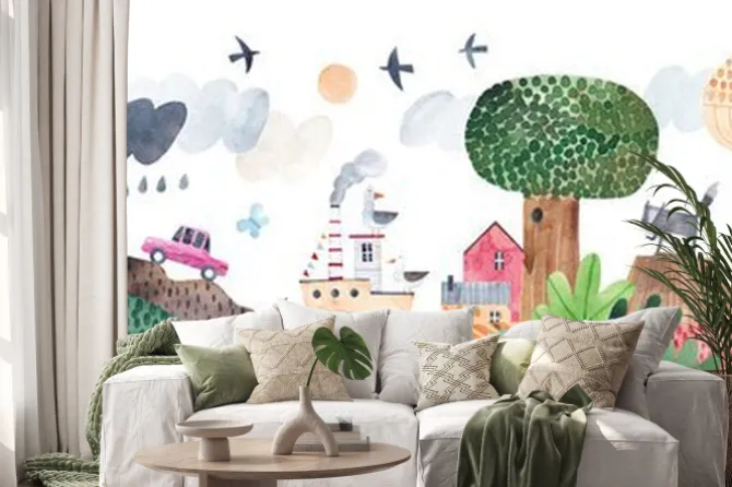 Naklejka: Kolorowa akwarelowa ilustracja krajobrazu