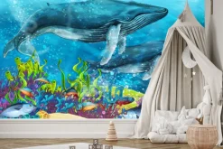 Naklejka: Kolorowa rafa koralowa ryby i wieloryby bajkowy podwodny krajobraz