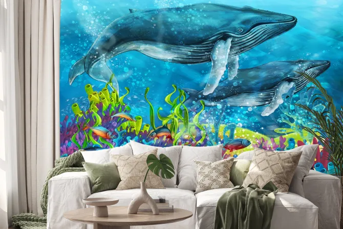 Naklejka: Kolorowa rafa koralowa ryby i wieloryby bajkowy podwodny krajobraz