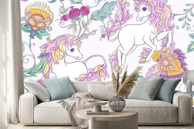 Naklejka: Kolorowe kwiaty i jednorożce