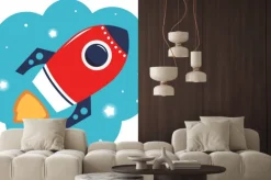 Naklejka: Kolorowe rocket cartoon w przestrzeni na białym tle