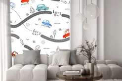 Naklejka: Kolorowe samochody na drodze z napisami