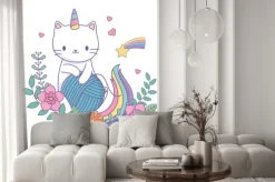 Naklejka: Kolorowy rysunek kota jednorożca