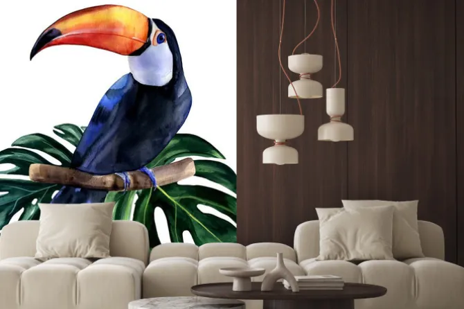 Naklejka: Kolorowy tukan na liściach monstery