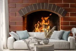 Naklejka: Kominek z czerwonej cegły z płomieniami