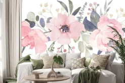 Naklejka: Kompozycja bukietowa ozdobiona zakurzonymi różowymi akwarelowymi