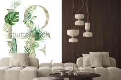 Naklejka: Kompozycja z napisem love i liśćmi egzotycznymi