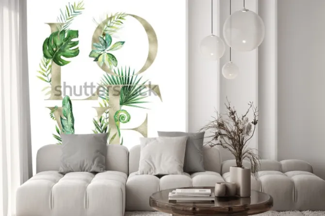 Naklejka: Kompozycja z napisem love i liśćmi egzotycznymi