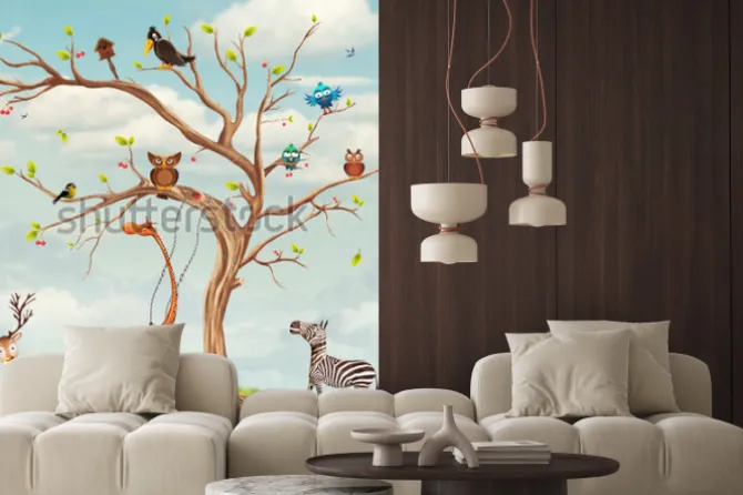 Naklejka: Kreskówkowe zwierzątka przy drzewie dla dzieci