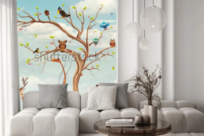 Naklejka: Kreskówkowe zwierzątka przy drzewie dla dzieci