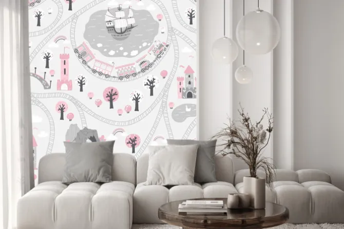 Naklejka: Królewskie miasteczko z pętlą torów i pociągami