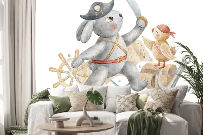 Naklejka: Króliczek pirat i papuga