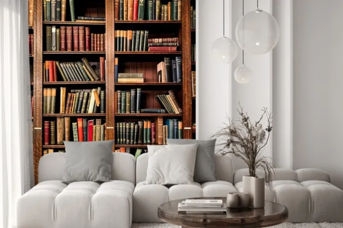 Naklejka: Książki księgi na półkach w bibliotece