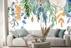 Naklejka: Kwiatowa girlanda akwarelowa z niebieskimi akcentami