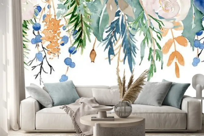 Naklejka: Kwiatowa girlanda akwarelowa z niebieskimi akcentami