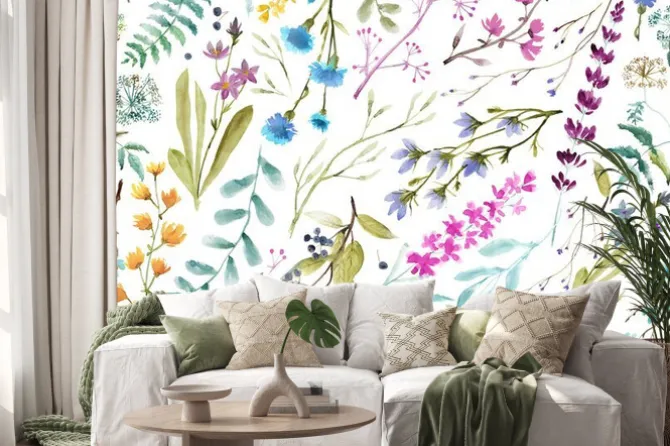 Naklejka: Kwiaty i zioła na białym tle botaniczne rysunki