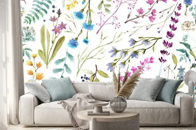 Naklejka: Kwiaty i zioła na białym tle botaniczne rysunki