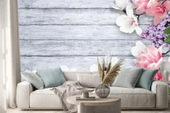 Naklejka: Kwiaty magnolii i bzu na bielonych deskach