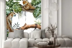 Naklejka: Liście monstery i lamparty na gałęziach