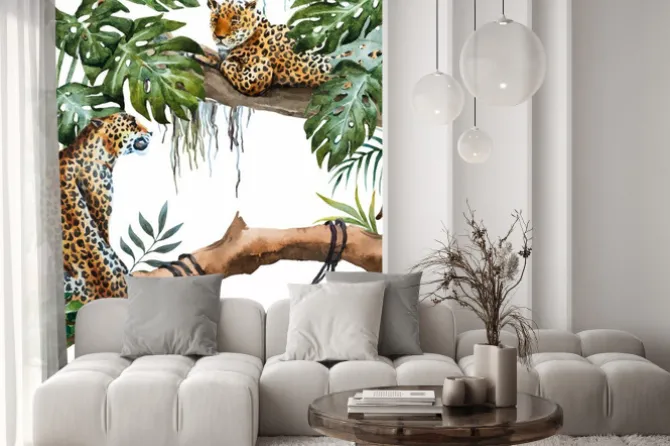 Naklejka: Liście monstery i lamparty na gałęziach