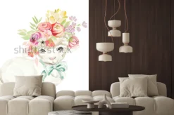 Naklejka: Śliczne owce akwarela z wiązanym łukiem i kwiatów, bukiet kwiatów,