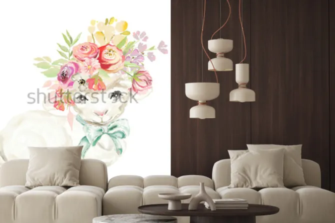 Naklejka: Śliczne owce akwarela z wiązanym łukiem i kwiatów, bukiet kwiatów,