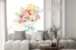 Naklejka: Śliczne owce akwarela z wiązanym łukiem i kwiatów, bukiet kwiatów,