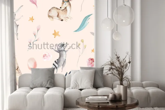 Naklejka: Śliczni rodzinni dzieci raccon, rogacz i królik. żyrafa zwierząt