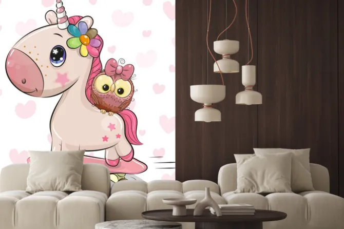 Naklejka: Śliczny jednorożec z sową na deskorolce