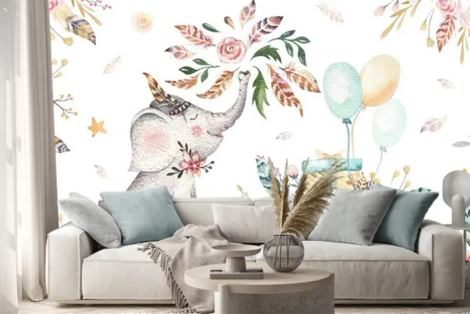 Naklejka: Śliczny słonik i urodzinowe prezenty