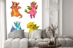 Naklejka: Little cute cartoon dragons set. colotful fantasy monsters.
