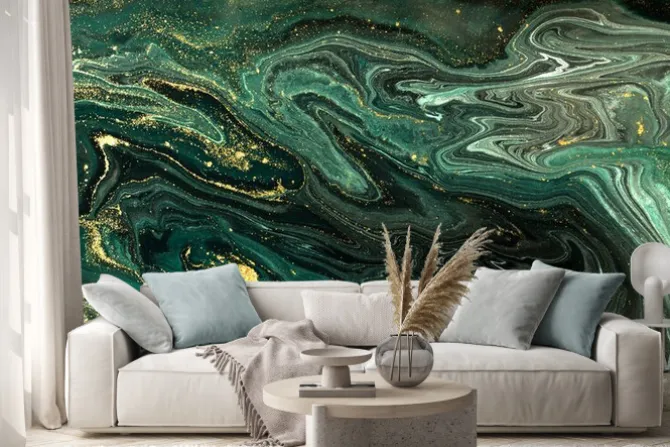 Naklejka: Luksusowy zielony marmur ze złotymi zdobieniami