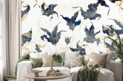 Naklejka: Luxury abstract art background with flowers and leaves in blue