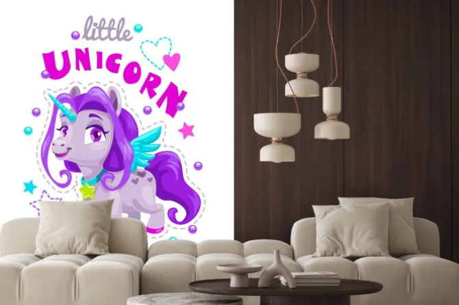 Naklejka: Mała śliczna kreskówki jednorożec etykietka. ilustracja księżniczka