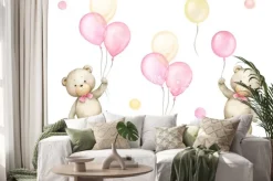 Naklejka: Małe misie z różowymi i złotawymi balonami