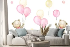 Naklejka: Małe misie z różowymi i złotawymi balonami