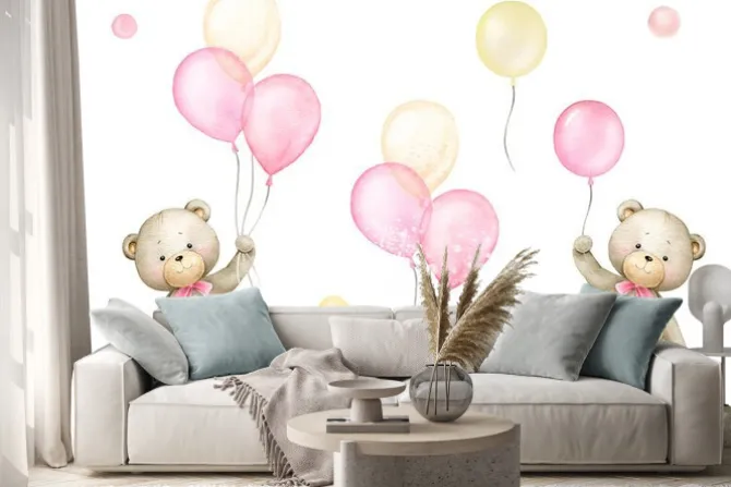 Naklejka: Małe misie z różowymi i złotawymi balonami