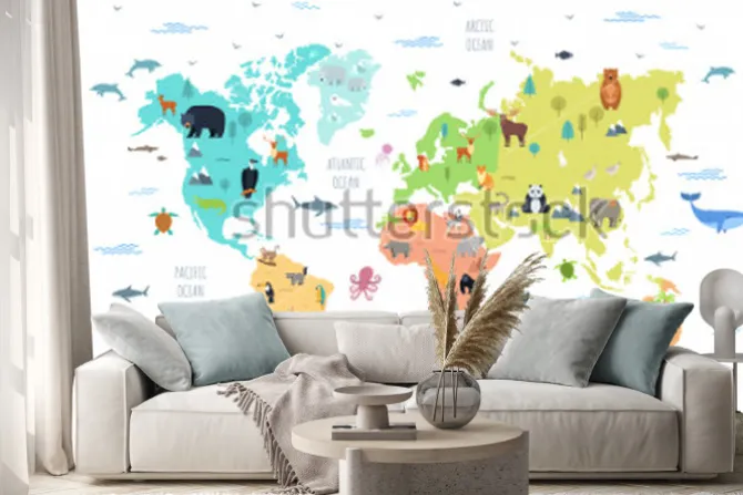 Naklejka: Mapa świata z dzikimi zwierzętami żyjącymi na różnych kontynentach